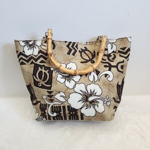 Tropical Hawaiian Floral Brown White Turtles Boats Taino Bamboo Hand Tote Bag